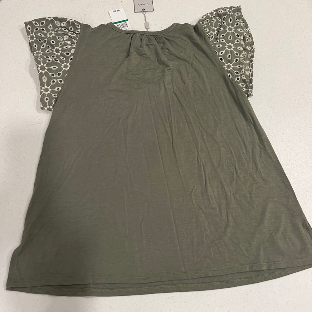 Cupio Olive Green Relaxed Fit Top SHIRT Eyelet Short Cap Sleeves NWT LARGE - Picture 5 of 7